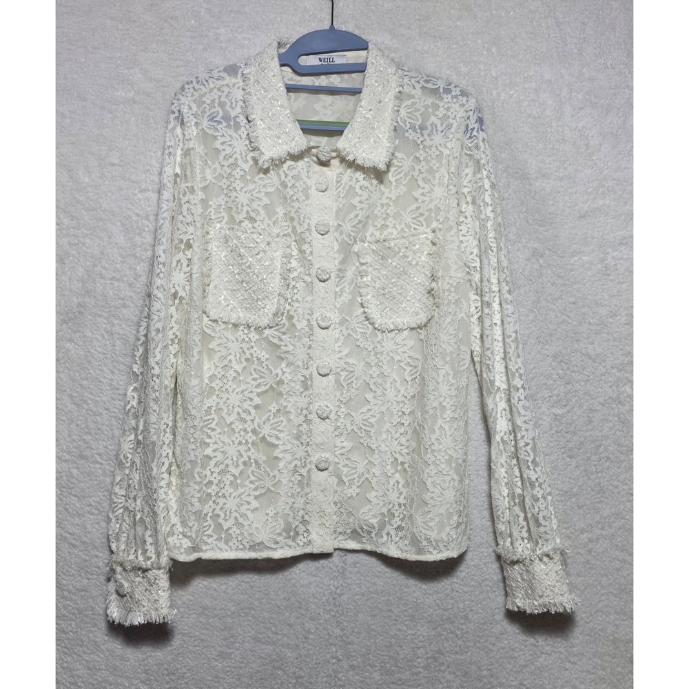WEILL Paris Floral Lace Button Down Shirt Tweed Fringe Trim Cream Size 42 (10US)